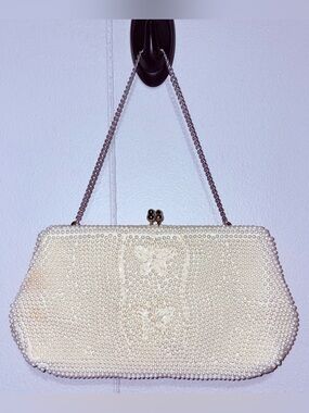 Vintage Bon Soir Ivory Beaded Evening Bag Purse Japan Italian Beads Chain